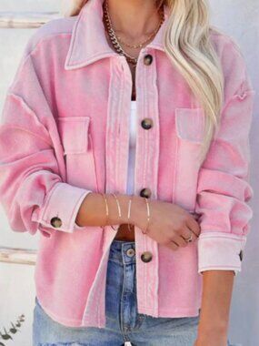 Fate Pink Mineral Wash Cotton Shacket Large Raw Edge Button Down Jacket Gorpcore